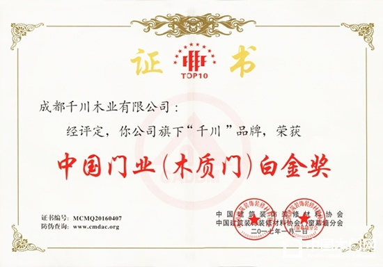 千川木門中國門業(yè)（木質(zhì)門）白金獎