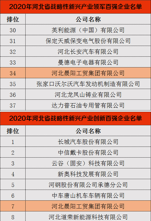 河北晨陽工貿(mào)集團(tuán)再次入選2020年河北省戰(zhàn)略性新興產(chǎn)業(yè)“雙百強(qiáng)”企業(yè)榜單 