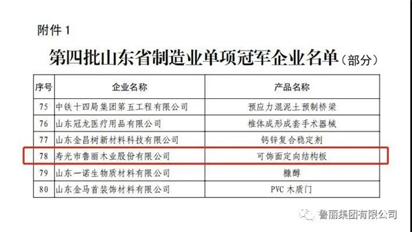 魯麗木業(yè)獲“山東省制造業(yè)單項冠軍企業(yè)”稱號