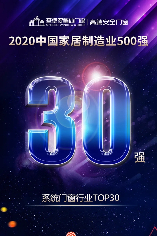圣堡羅整體門窗榮獲2020中國家居制造業(yè)500強(qiáng)企業(yè)-系統(tǒng)門窗行業(yè)TOP30！