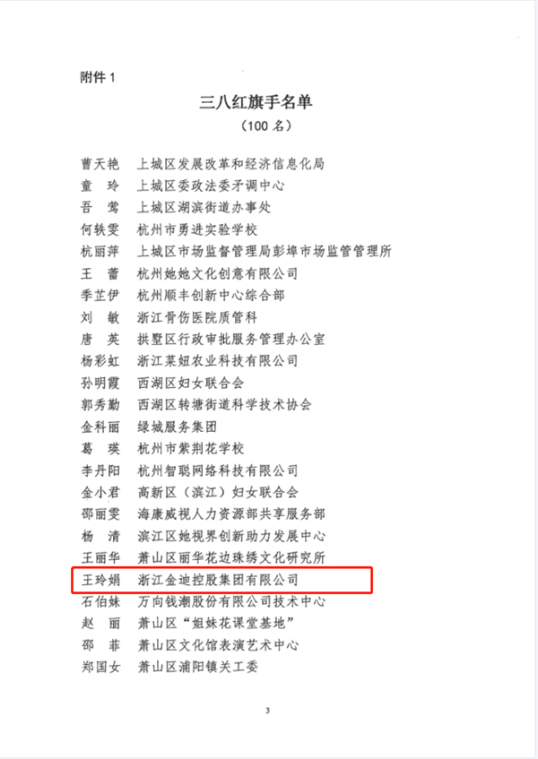 喜報！金迪集團總裁王玲娟榮獲“杭州市三八紅旗手”